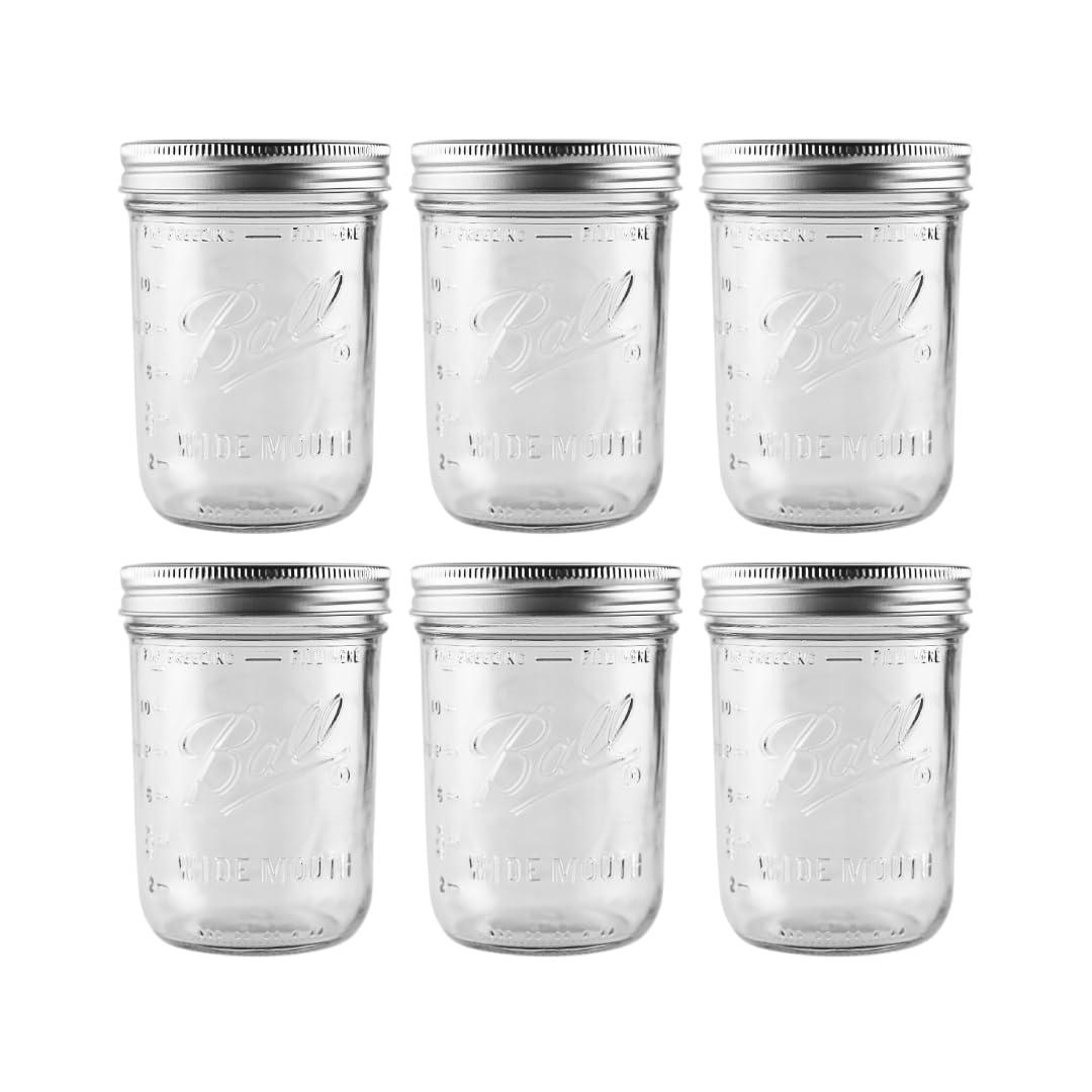 Ball - 16 oz Wide Mouth Glass Mason Jars | 6 Pack Jars with Airtight Lids | Large Glass Jar for Food Storage with Lids | Ideal for Canning, Fermentation, Pickling, Kombucha Brewing