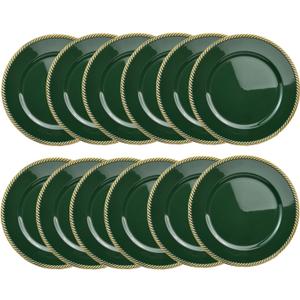 12 pcs Green Charger Plates, 13 Inch Plastic Beaded Round Charger Plates for Dinner, Tabletop Decor, Wedding,Christmas, Event Decoration.