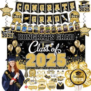 Graduation decorations class of 2025,graduation backdrop sign,photo booth props,Congrats grad banner,Hanging Swirls,Gold sash for men women graduation party decorationsGold