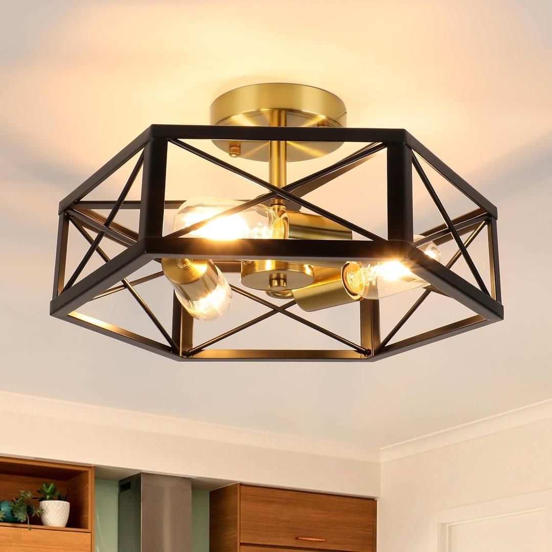WILON Kitchen Ceiling Light Fixtures - 3-Light Black Gold Ceiling Light Fixtures for Hallway, Rustic Farmhouse Metal Cage Ceiling Mount for Foyer Kitchen Living Room(E26 Socket)