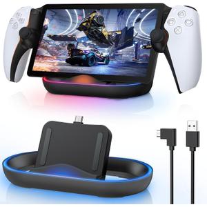 FASTSNAIL Charging Stand for PS Portal Remote Player, Portable Charge Dock Station with 14 RGB Light Modes and Type-C Cable, Charge Base Holder Accessories for PlayStation 5 Portal Console -Black