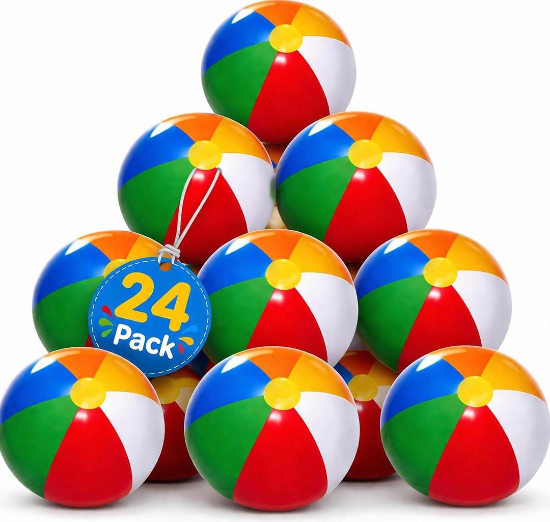4E's Novelty 24 Pack -16 Inch Inflatable Beach Balls Bulk 24 - Birthday Pool Party Favors for Kids, Summer Goodie Bags Easter Basket Stuffers Toys, End of Year Student Gifts for Class