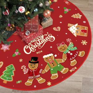 Marspark Merry Christmas Tree Skirt 48 Inch Gingerbread Man Christmas Tree Mat with Cute Candy Cane Snowflakes Xmas Ornaments for Winter Holiday Xmas New Year Party Decor Supplies(Red)