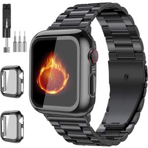 Compatible with Apple Watch Band 44mm(Series 6/5/4/SE), Stainless Steel iWatch Bands with 2 Pack Tempered Glass Case for Series 11/10/9/Ultra 3 2/8/7/6/5/4/3/2/1/SE for Men (Black)