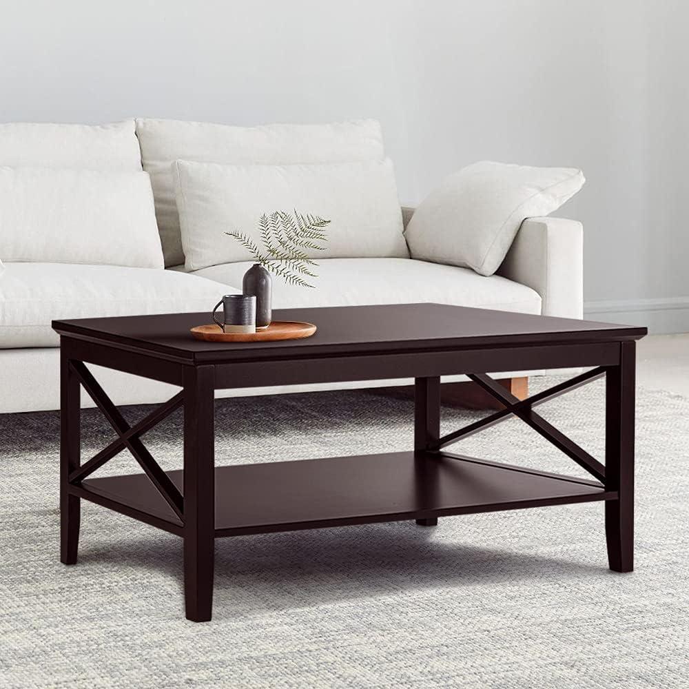 ChooChoo Oxford Coffee Table with Thicker Legs, Espresso Wood Coffee Table with Storage for Living Room 40 inches, 21.6"D x 39.3"W x 17.7"H