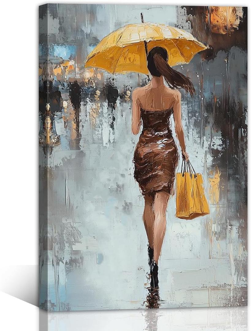 TIEHAOMAI Girl with Yellow Umbrella Wall Art Lady Artwork Posters Street Woman Pictures Contemporary for Bedroom DecorPortrait-3,16x24inch (40x60cm)