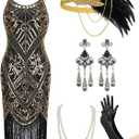 YESSA Women's Flapper Dresses 1920s,Great Gatsby Dresses Sequin Fringe Cocktail Dress Roaring 20s Dress for Harlem Nights (Medium, Black Gold)