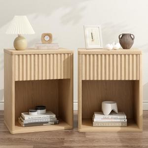 Fluted Nightstands Set of 2, Wooden End Table Bed Side Table with Curved Drawer, Mid Century Modern Fluted Night Stand with Rounded Edge for Bedroom, Living Room Sofa, Nature Oak
