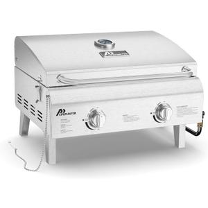 Lifemaster Portable Stainless Steel Gas Grill - 2 Burners Easy Clean Tabletop BBQ Propane Gas Grill with Foldable Legs and Wind Proof Lid for Camping and Outdoor - Silver