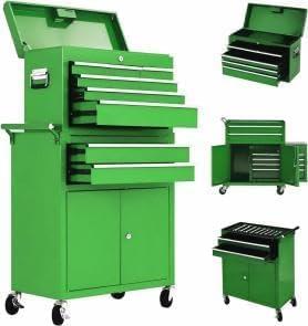 8 Drawer Tool Chest with Wheels, 2 in 1 Detachable Rolling Tool Box Cabinet, Locking Metal Tool Storage Organizer with Portable Top Chest for Garage Workshop, Green