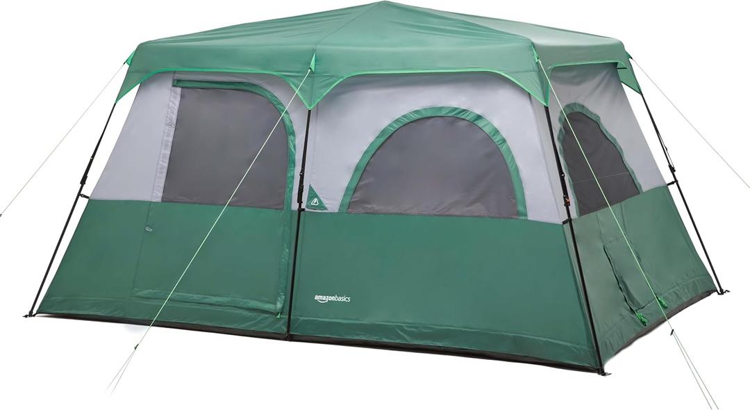 Amazon Basics 10-Person Instant Camping Tent with Rainfly, Easy Setup, Weather-Resistant, for Family Camping and Hiking, Mesh Windows, Ventilation, Storage Pockets, Green