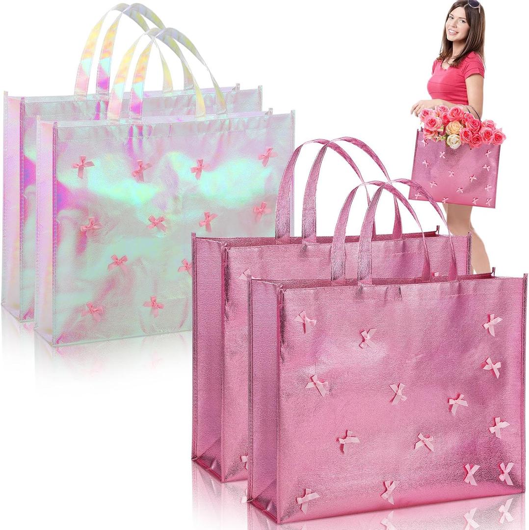 PerKoop 4 Pcs Extra Large Mother's Day Iridescent Pink Bow Gift Bags 20 x 16 Inch Coquette Tote Bags with Handles Reusable Jumbo Ballet Style Gift for Holiday Birthday Wrapping Party Favor Supplies