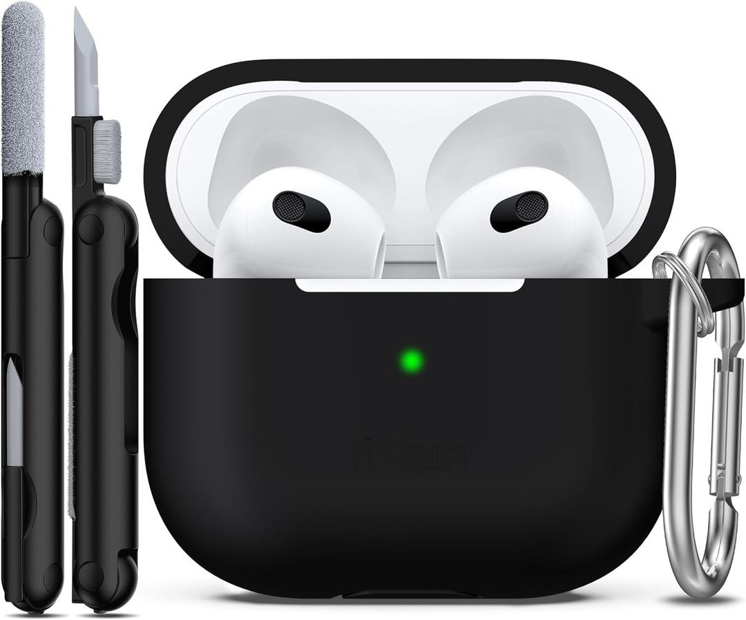 R-fun Compatible with AirPods 3 Case Cover, Silicone Protective Accessories Skin with Keychain Compatible with Apple AirPod 3rd Generation 2021 for Women Men Girls Boys,Front LED Visible,Black