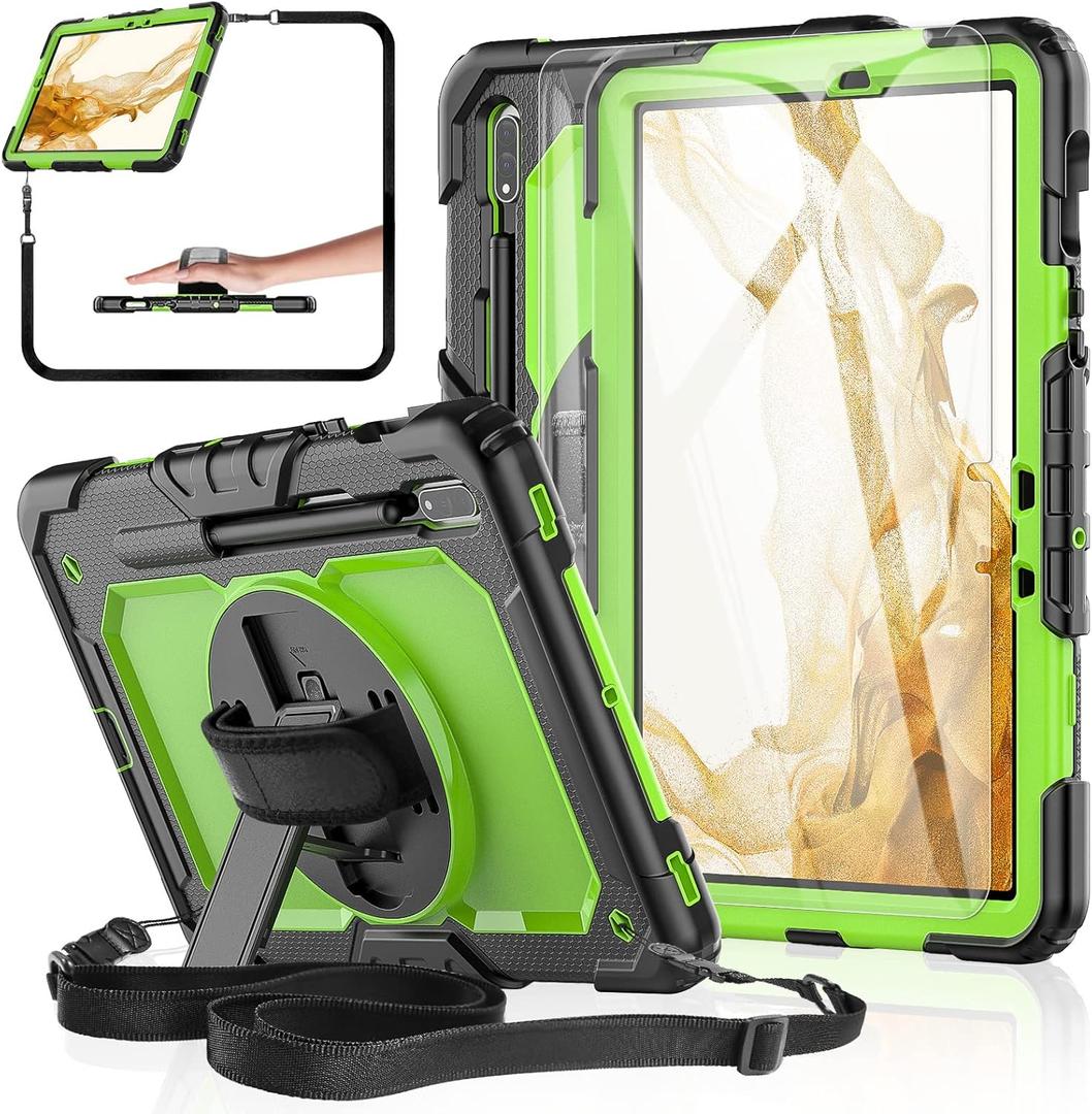Case for Samsung Galaxy Tab S8/S7 11-inch 5G Tablet Case 2022/2020 [with Tempered Glass Screen Protector], 360° Rotating Kickstand/Hand & Shoulder Strap/S Pen Holder (Green)