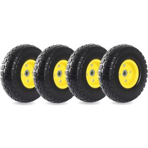 AR-PRO (4-Pack) 4.10/3.50-4" Flat Free Tire and Wheel - 10 Inch Solid Rubber Tires with 5/8" Bearings, 2.2" Offset Hub - Compatible with Garden Wagon Carts,Hand Truck,Wheelbarrow,Dolly,Utility Cart (Yellow)