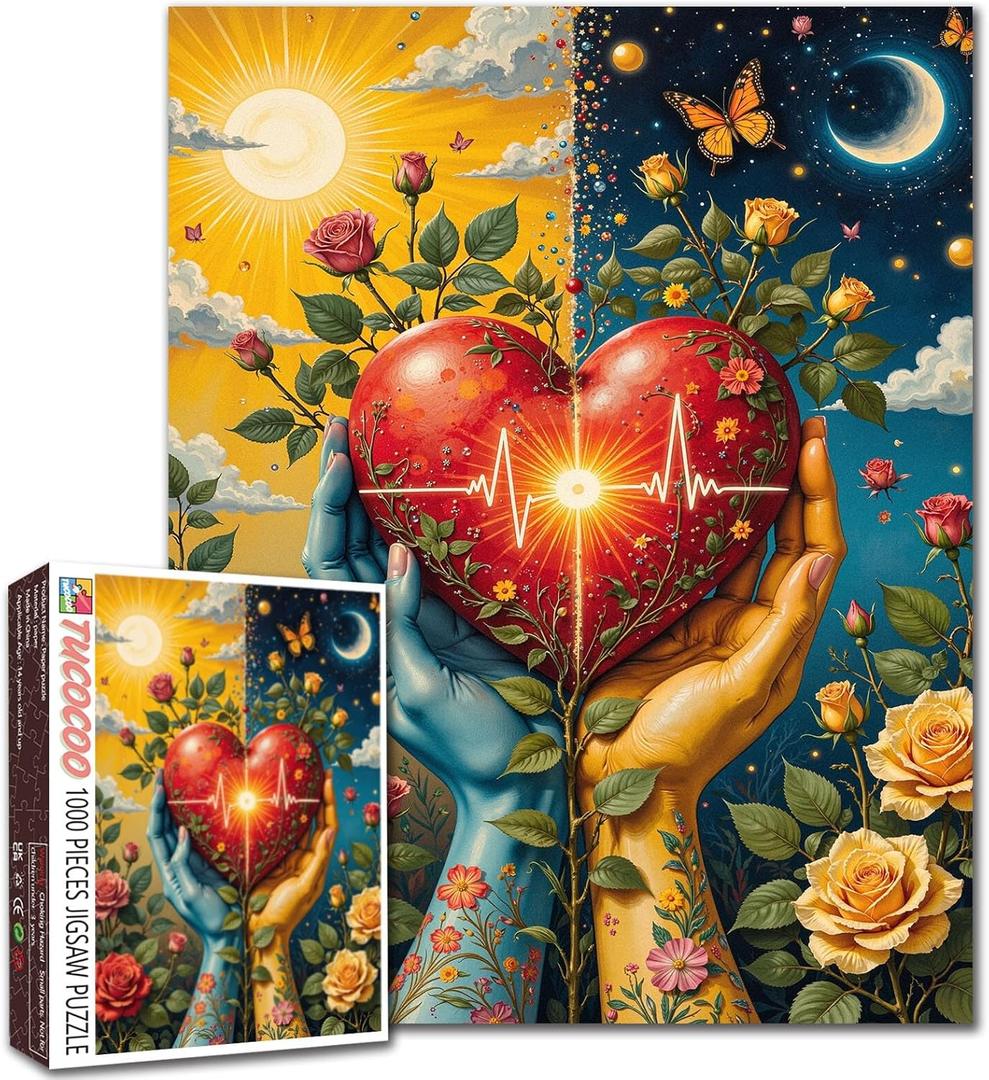 Eternal Love 1000 Piece Valentine's Day Jigsaw Puzzles for Adults and Beginner Sun and Moon Hearts Puzzles Challenging Family Activity Games DIY Craft Puzzle for Home Decor Gifts 19.7 x 27.6 in