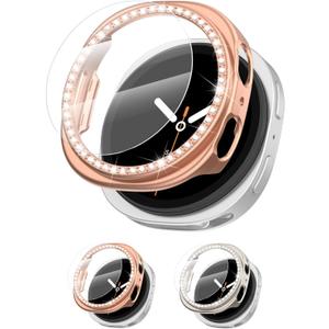 [2+2Pack Bling Diamond Case for Samsung Galaxy Watch 8 Screen Protector 40mm Women, Glitter Rhinestone Protective Hard PC Bumper Covers for Galaxy Watch 8 Case 40mm Cover Accessories (09-Rose Gold/Starlight)