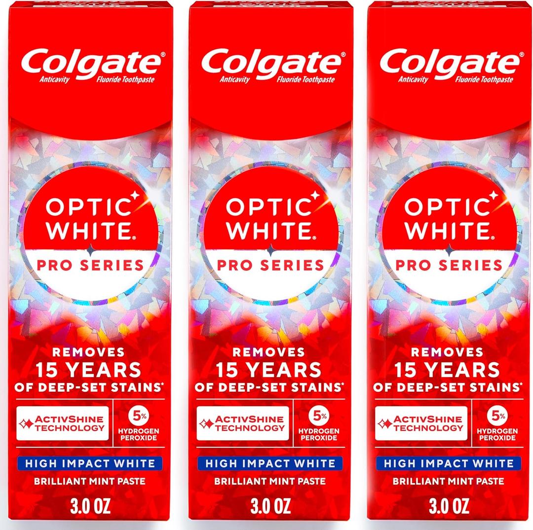 Colgate Optic White Pro Series High Impact White, 3 Pack, Teeth Whitening Toothpaste with 5% Hydrogen Peroxide and ActivShine, Brilliant Mint Flavor, 3.0 OZ