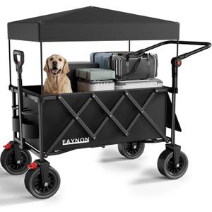 3 in 1 Collapsible Wagon with 300lbs Weight Capacity,150L Heavy Duty Utility Cart with Removable Canopy,with Big All-Terrain Beach Wheels & Drink Holders,Black