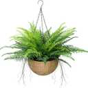 1 Set Artificial Fake Hanging Ferns with Planter, Real Touch Realistic UV Resistant Outdoor Faux Hanging Plants, Fake Plants for Front Porch Patio Garden Home Dcor