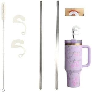 MT Extreme Anti Wrinkle Silicone Tipped Straw Set (Stainless Steel), Drinking Straw for Stanley 40 oz 30 oz Tumbler, Reusable Wrinkle Free Long Metal Straw for Lip with Cleaning Brush, Pack of 2