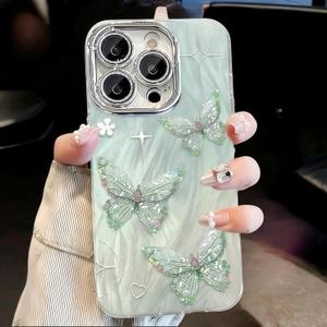 2 x for iPhone 16 Pro Butterfly Design Case, Cute Bling Shiny Glitter Camera Shockproof Protective Phone Cases Cover for Women Girls (Green)