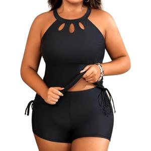Aqua Eve Women Two Piece Plus Size Swimsuit High Neck Tankini Set Tummy Control Bathing Suit with Shorts 18W