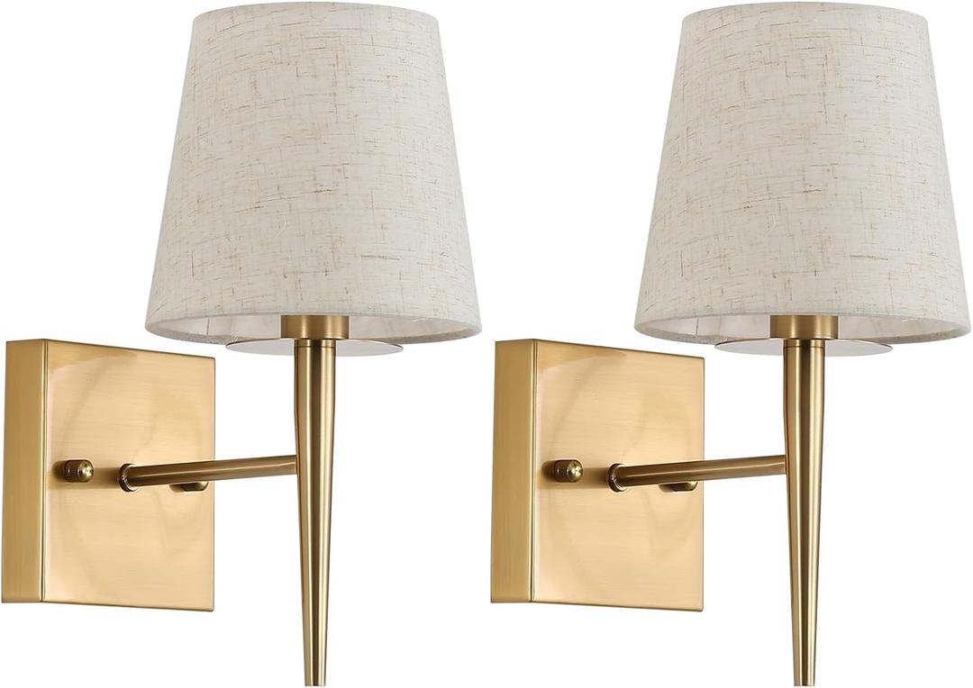 EFINEHOME Mid-Century Modern Wall Sconce with Beige Fabric Shade| 1-Light Antique Gold Indoor Wall Lamp Fixture| Hallway Bathroom Vanity Light Sconces Wall Lighting (Set of 2 Hardwire)