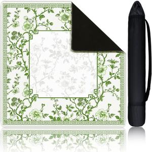 Chinoiserie Mahjong Mat with 1 Carrying Bag 31.5" x 31.5" Green and White Rubber Anti Slip and Noise Reduction Multi Purpose Game Table Cover for Mahjong, Card, Board Tile Games