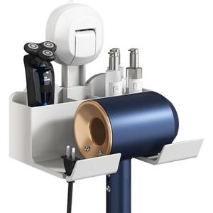 Hairdryer Holder, Wall-Mounted Hair Dryer Stand Hanger No Drilling Hair Tools Storage Bracket with Cable Holder for Handle5cm (White)