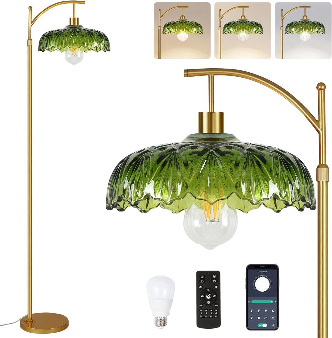 Gold Floor Lamp for Living Room,Bedroom,Mid Century Modern Standing Lamp with Remote,Dimmable Brass Tall Lamp Green Glass Lamp Shade Vintage Retro Arc Floor Lamps Floor Light Boho Bohemian