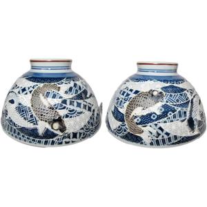 Japanese Mino Ware Ceramic Rice Bowl Set Carps Pattern 4.84 Inches Diameter x H2.64 Inches, 13.3 Fluid Ounces Chawan, Blue Set of 2 from Japan (Carps)