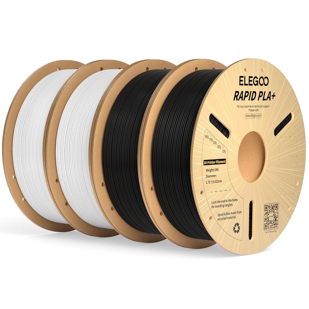 ELEGOO Rapid PLA Plus Filament 1.75mm Black & White 4KG, PLA+ 3D Printer Filament for 600 mm/s High Speed Printing, Dimensional Accuracy +/- 0.02 mm, 4 Pack 1kg Spool(2.2lbs)