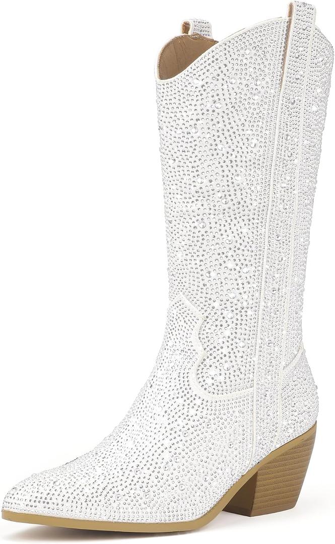 IDIFU White Rhinestone Cowboy Boots for Women Mid Calf Sparkly Western Cowgirl Pointed Toe Low Block Chunky Heel Glitter Country Cute Zipper Dress Booties Wedding Birde Boots (White Rhinestone, 7)