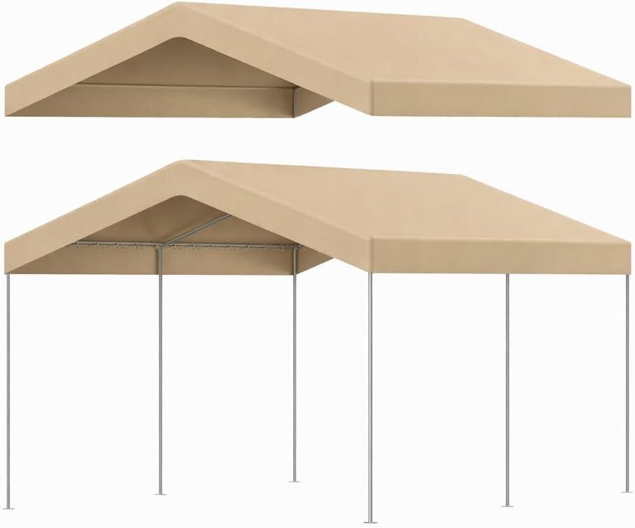 10 x 20 ft Canopy Replacement Cover for Carport, Heavy Duty Waterproof & UV Protected Garage Top Tent Shelter Tarp, Tear-Resistant Car Shed Tarpaulin Cover with Ball Bungees (Cover Only) Beige
