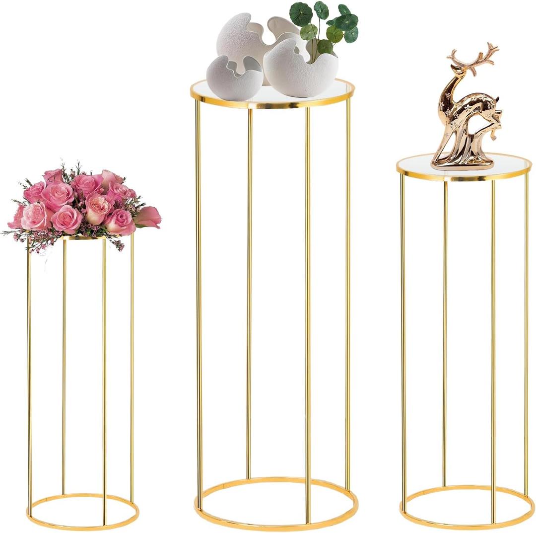 3PCS Cylinder Pedestal Stands for Parties, Gold Metal Plant Round Cylinder Stands for Party Flowers, Display Columns Pedestal Stand Cylinder Tables for Vases Birthday Party Backdrop Decorations
