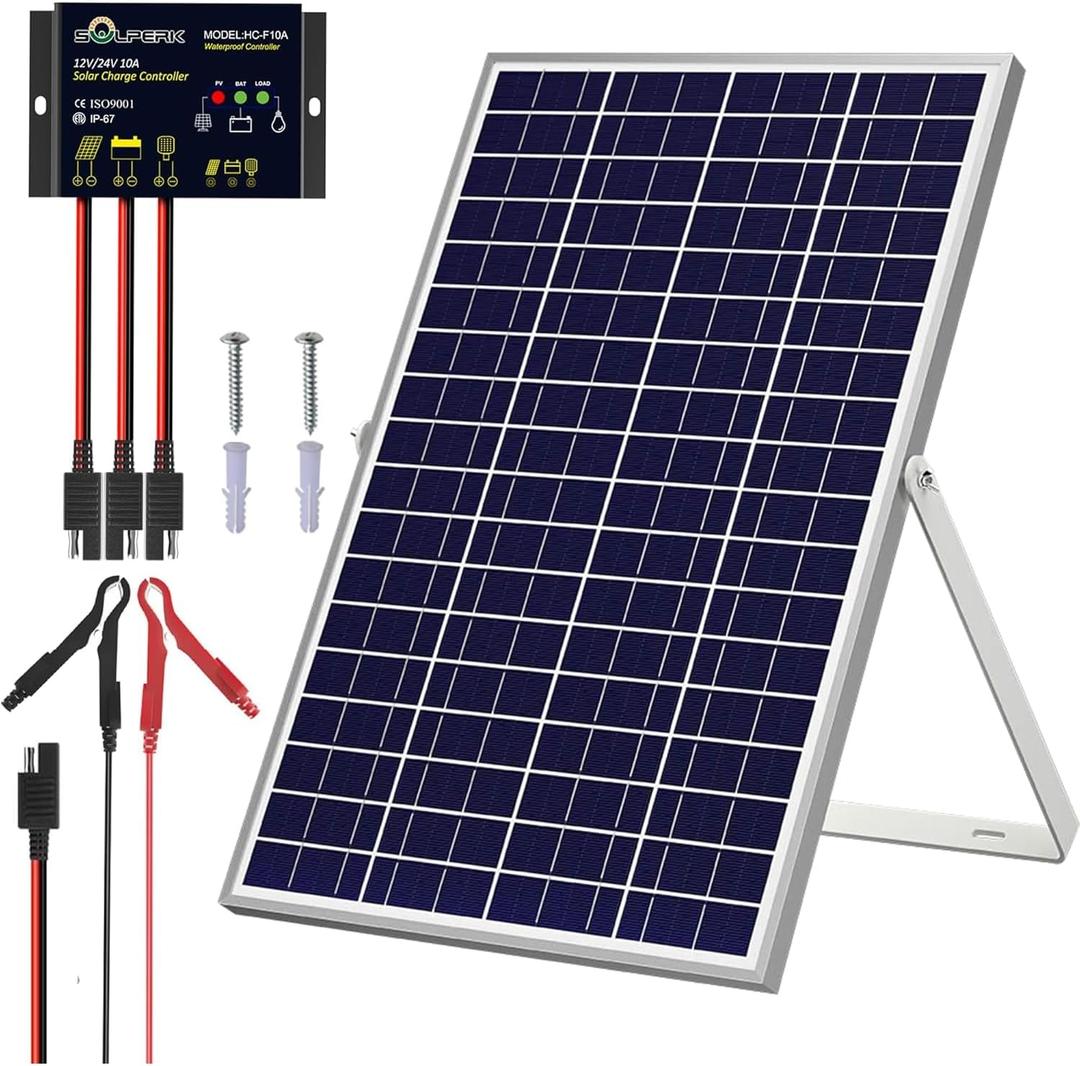 SOLPERK Solar Panel Kit 30W 24V, Intelligent Waterproof 10A PWM Controller, Home Outdoor Solar Battery Charger for RV Car Boat Marine Tractor Camping, 24 Volt Batteries Solar Panel Charger (30W 24V)