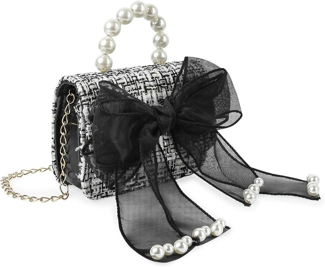 Cute Crossboby Purse with Bowknot Shoulder Bag for Little Girls, Girls Kids Fashion Handbags with Pearl Handle