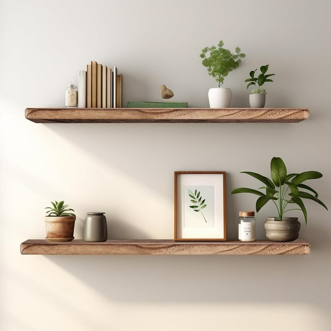 Floating Shelves 24 Inches Long, Set of 2 Solid Rustic Wood Wall Mounted Shelves, Wall Picture Ledge Shelf with Invisible Metal Brackets for Living Room, Bedroom, Bathroom, Carbonized Black (Brown)