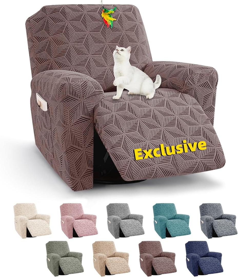 YEMYHOM Recliner Chair Cover, Stretch Recliner Slipcover for 1 Seater, Geometric Jacquard Reclining Couch Cover Furniture Protector for Pets & Kids, Brown