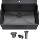 KINGO HOME 25x22 Inch Black Drop In Kitchen Sink, 25 Inch Gunmetal Black RV Laundry Utility Sinks, Top Mount 16 Gauge Stainless Steel Single Bowl Deep Small Kitchen Sink
