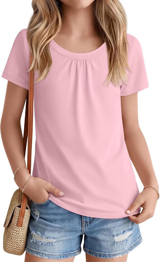 Girls Short Sleeve T-Shirts Pleated Scoop Neck Tops 5-14 Years Loose Casual Basic Tees Summer Lightweight Cute Soft (Pink)