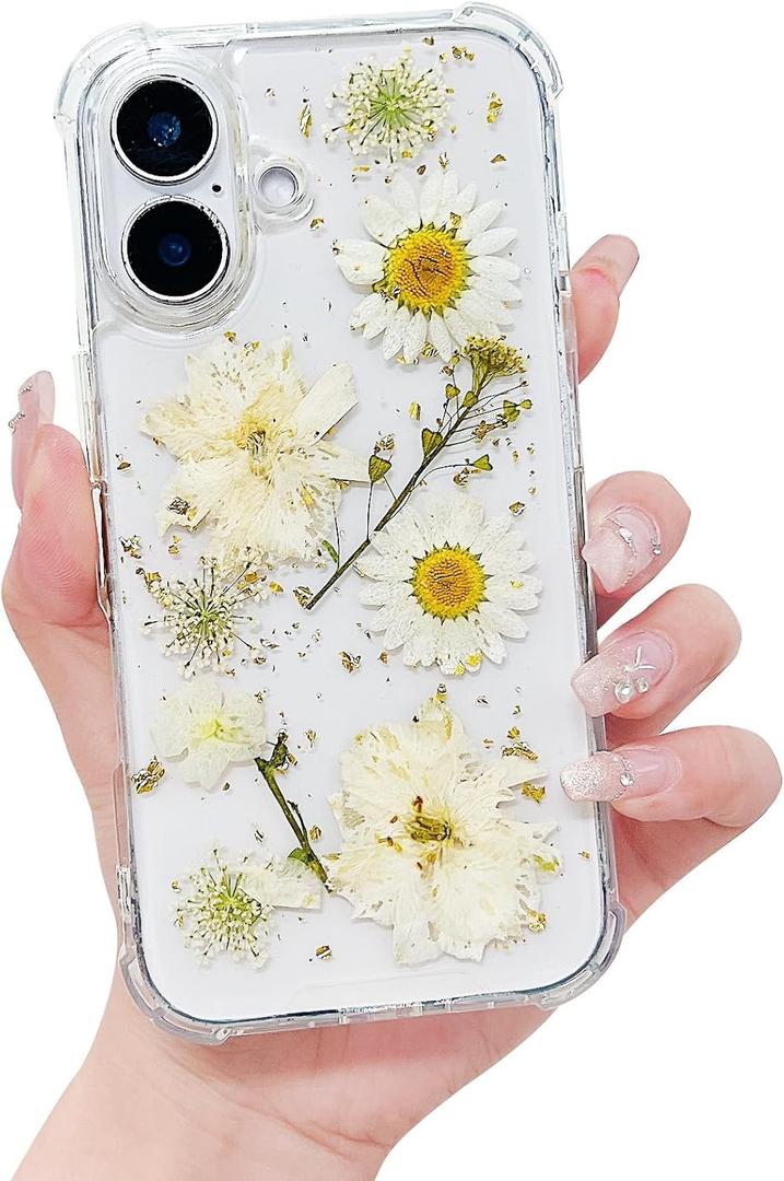 Compatible with iPhone 16 Plus Case for Women,Cute Pressed Dried Real Flowers Design Clear Shockproof Phone case Cover for iPhone 16 Plus (White Flower)