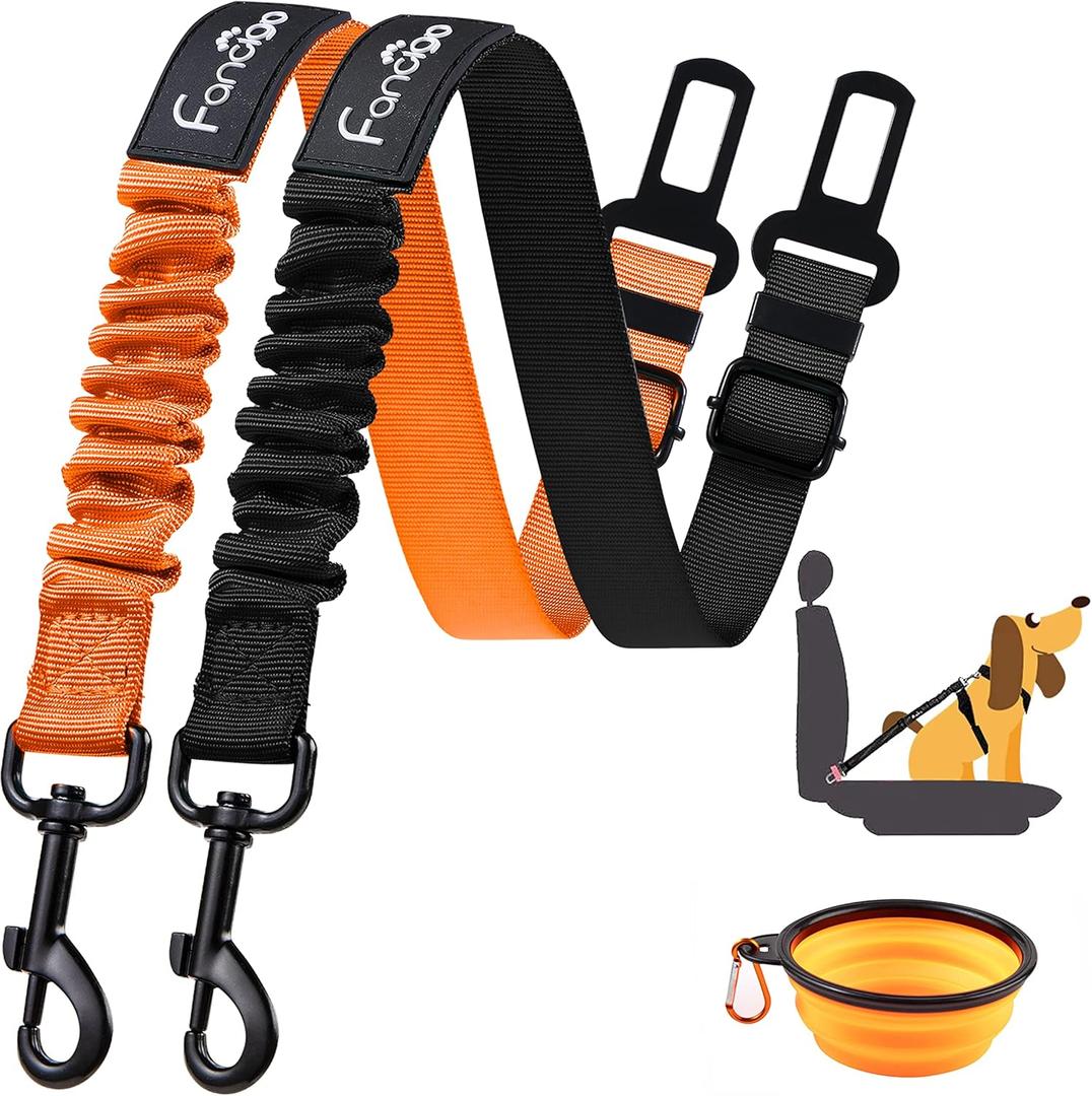 Dog Seat Belt for Car. 2 Pack Adjustable Dog Safety Seatbelt. Adjustable Strap, Strong Nylon Fabric, Bungee Buffer Dog Puppy Car Seat Belt. (Black+Orange)