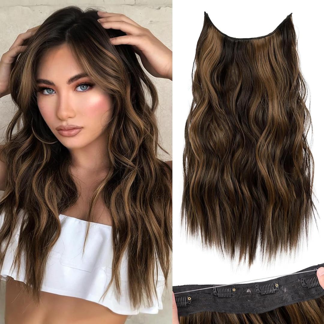 KooKaStyle Invisible Wire Hair Extensions with Transparent Wire Headband Adjustable Size 4 Secure Clips H2/426#Balayage Dark Brown with Chestnut Long Wavy Hairpiece 16 Inch for Women