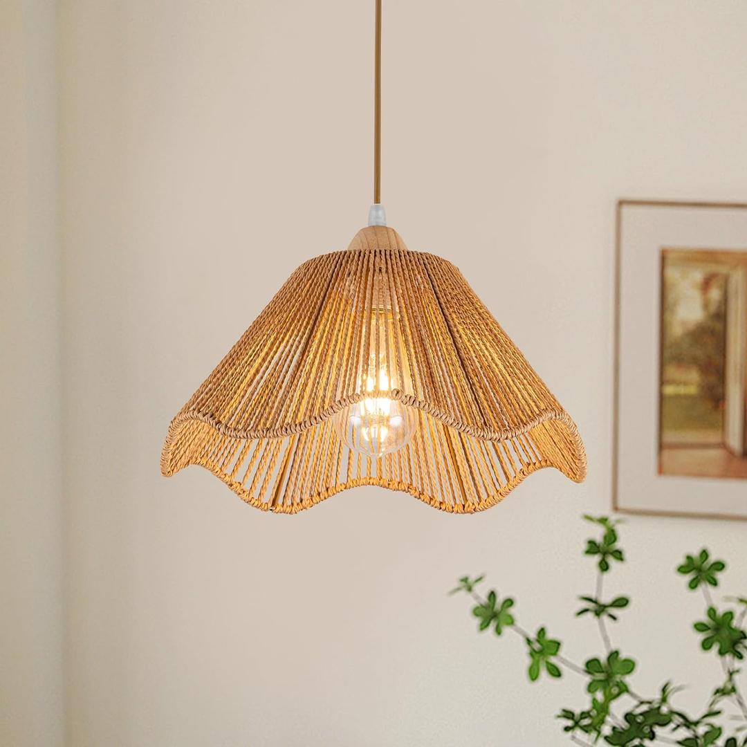 D12.5 Inch Boho Light Fixtures Boho Rattan Pendant Light Flush Mount Mini Chandelier Woven Hanging Light Fixture for Bedroom Hallway Entryway Nursery Kitchen Island (Brown-D320mm)