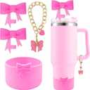 Cup Accessories Set for Stanley,Including 2Pcs Cute Bow Straw Cover Caps 10mm Reusable Straw Toppers,1Pcs Silicone Boot Sleeve and 1Pcs Handle Charm for Stanley Tumbler 30&40oz,Hot Pink