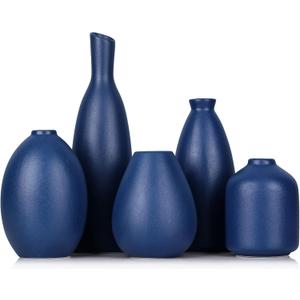 Blue Ceramic Vase - Set of 5 Blue Bud Vases, Modern Farmhouse Navy Blue Decorative Vases for Home, Office, Living Room, Table Decor - Ideal Centerpieces for Flowers, Shelf and Fireplace Accents