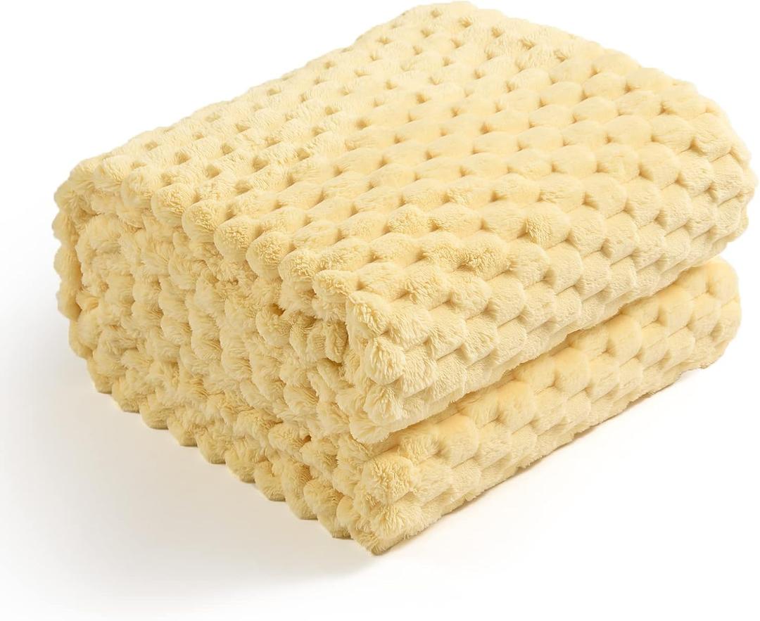 Excervent Flannel Fleece Throw Blanket (90x90 inches), Hexagon Jacquard Decorative Fuzzy Blankets for Household, Camping, and Travel, Super Soft Cozy, Suitable for All Seasons, Light Yellow