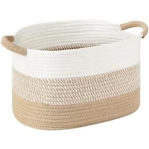 13"x10"x9" Cotton Rope Storage Basket, Woven Baskets with Handles for Organizing Home Office, Shelves, Nursery, Laundry, and Toys,Empty Gift Basket (Khaki/White, 1 Pack)